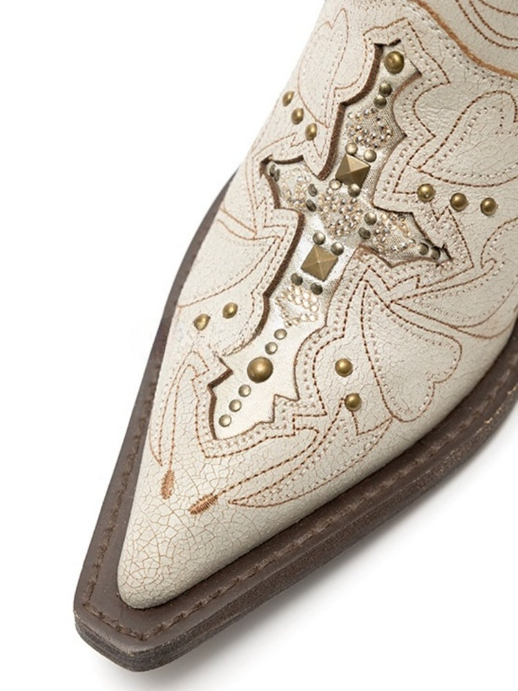 V-Mouth Pointed Toe Lamb Skin Embroidery Cross Vintage Aged Western Cowboy Boots【s0000012936】