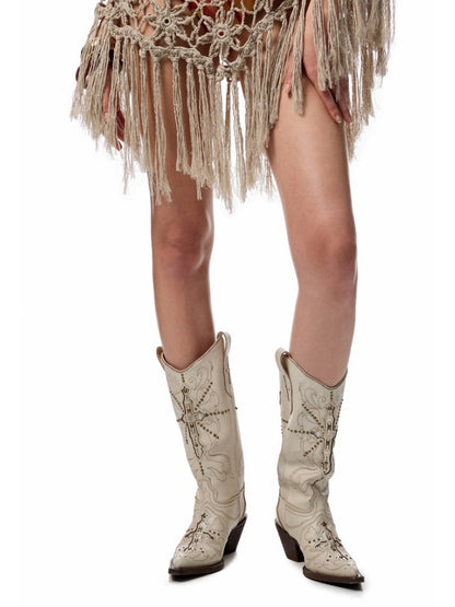 V-Mouth Pointed Toe Lamb Skin Embroidery Cross Vintage Aged Western Cowboy Boots【s0000012936】