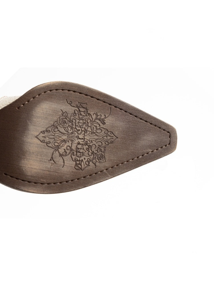 V-Mouth Pointed Toe Lamb Skin Embroidery Cross Vintage Aged Western Cowboy Boots【s0000012936】