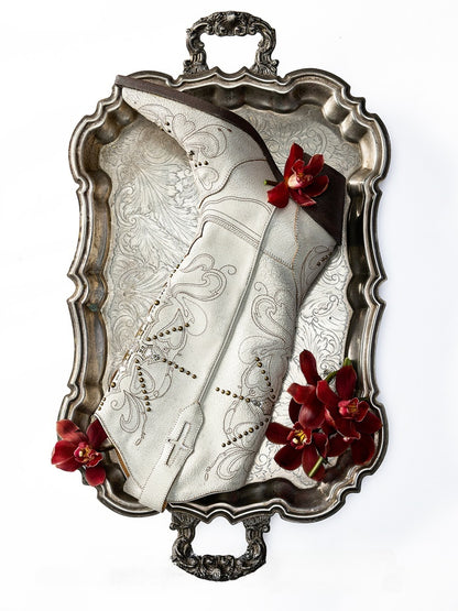 V-Mouth Pointed Toe Lamb Skin Embroidery Cross Vintage Aged Western Cowboy Boots【s0000012936】