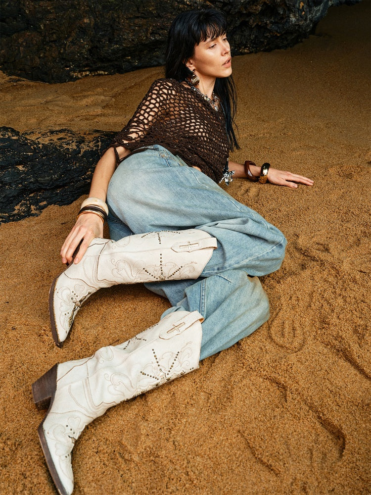 V-Mouth Pointed Toe Lamb Skin Embroidery Cross Vintage Aged Western Cowboy Boots【s0000012936】