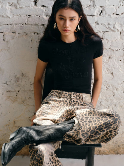 Washed Leopard Print Canvas Low-rise Wide-Leg Mop Pants【s0000012937】