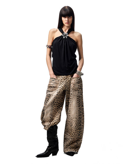 Washed Leopard Print Canvas Low-rise Wide-Leg Mop Pants【s0000012937】