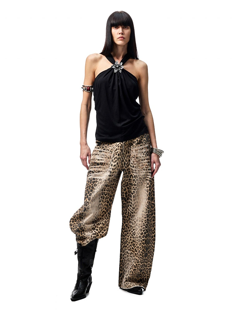 Washed Leopard Print Canvas Low-rise Wide-Leg Mop Pants【s0000012937】