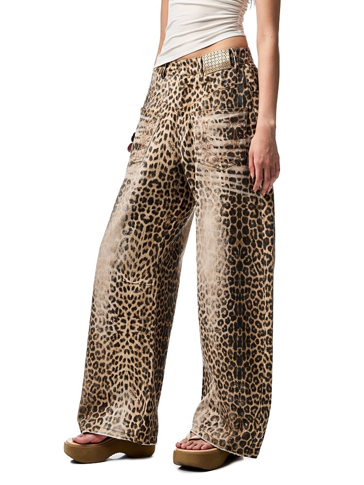 Washed Leopard Print Canvas Low-rise Wide-Leg Mop Pants【s0000012937】