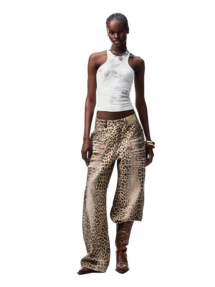 Washed Leopard Print Canvas Low-rise Wide-Leg Mop Pants【s0000012937】