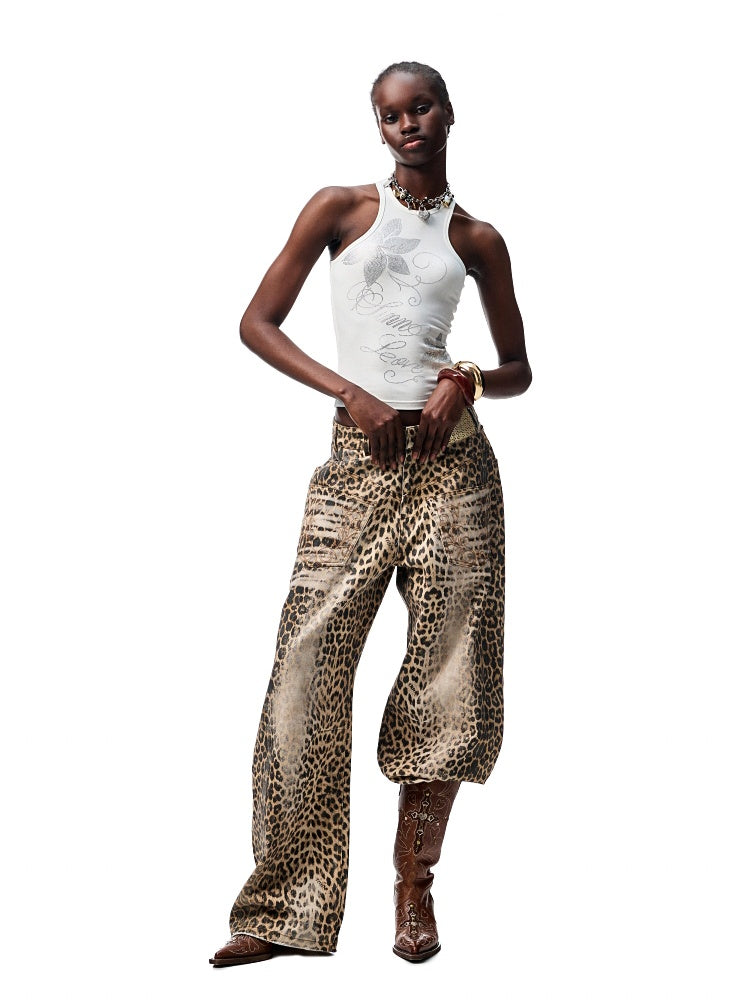 Washed Leopard Print Canvas Low-rise Wide-Leg Mop Pants【s0000012937】
