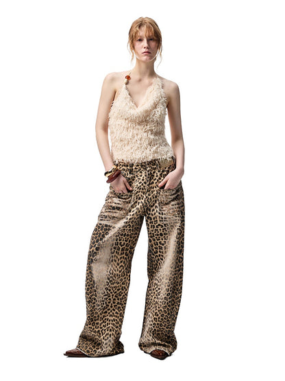 Washed Leopard Print Canvas Low-rise Wide-Leg Mop Pants【s0000012937】