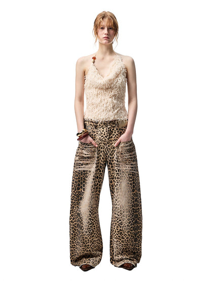 Washed Leopard Print Canvas Low-rise Wide-Leg Mop Pants【s0000012937】