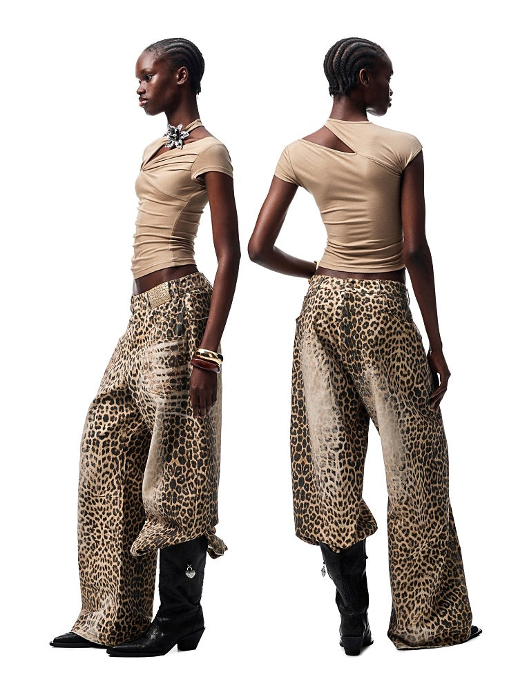 Washed Leopard Print Canvas Low-rise Wide-Leg Mop Pants【s0000012937】