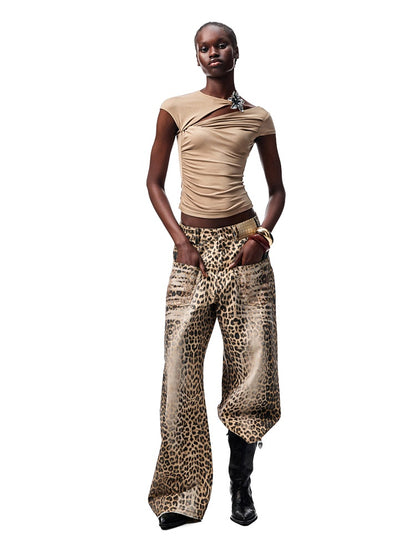 Washed Leopard Print Canvas Low-rise Wide-Leg Mop Pants【s0000012937】