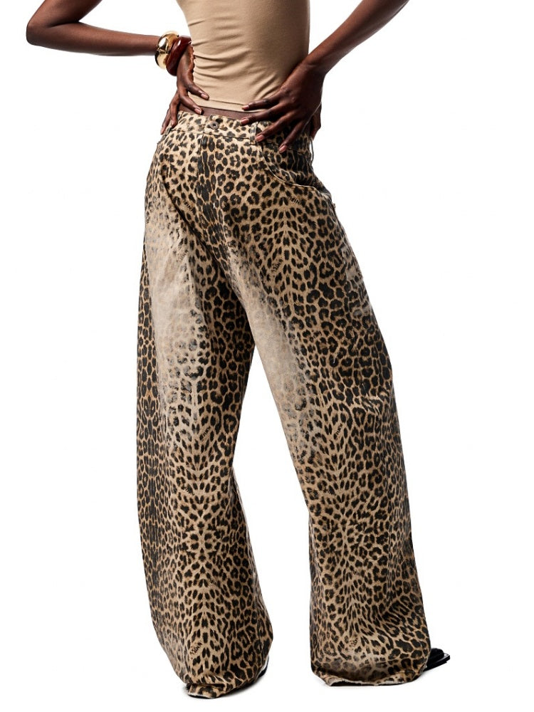 Washed Leopard Print Canvas Low-rise Wide-Leg Mop Pants【s0000012937】