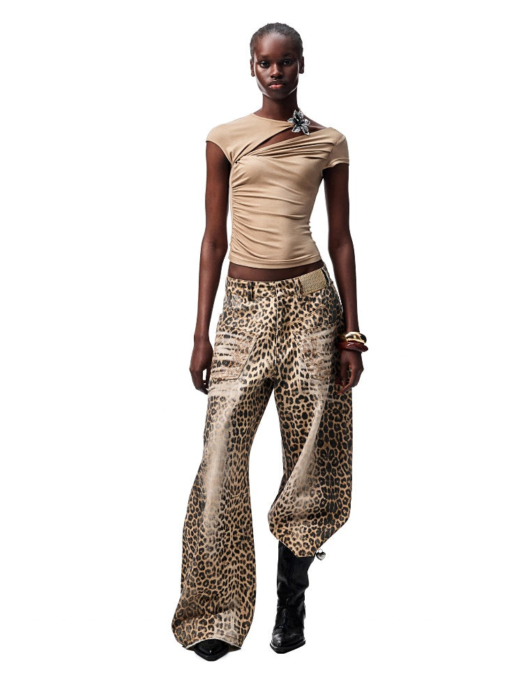 Washed Leopard Print Canvas Low-rise Wide-Leg Mop Pants【s0000012937】