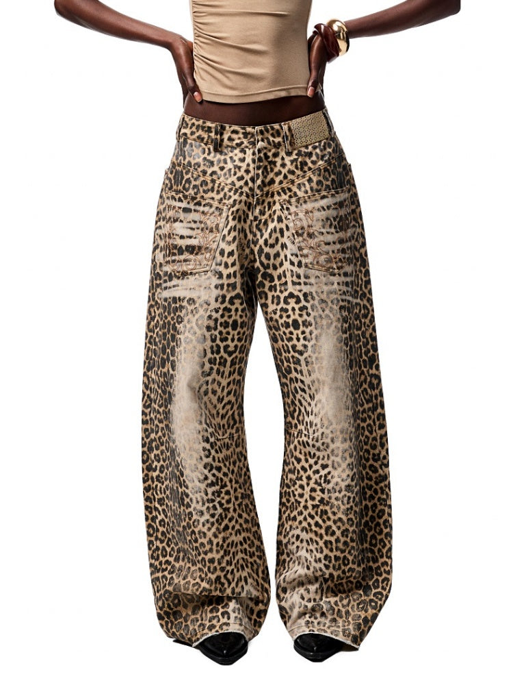 Washed Leopard Print Canvas Low-rise Wide-Leg Mop Pants【s0000012937】