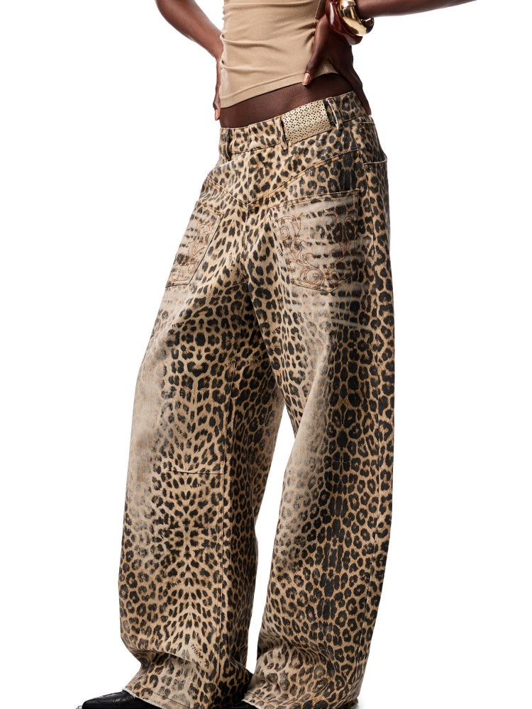 Washed Leopard Print Canvas Low-rise Wide-Leg Mop Pants【s0000012937】