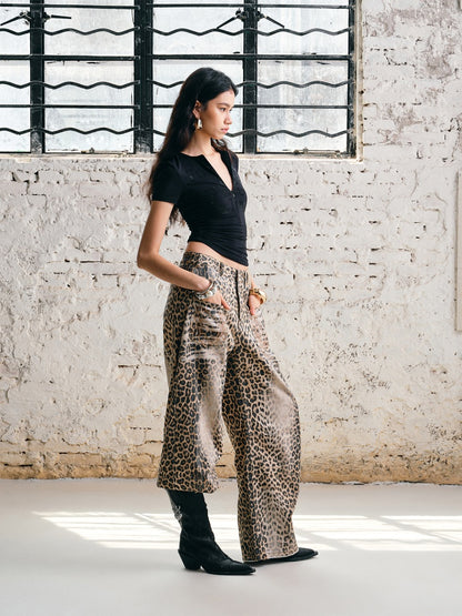 Washed Leopard Print Canvas Low-rise Wide-Leg Mop Pants【s0000012937】