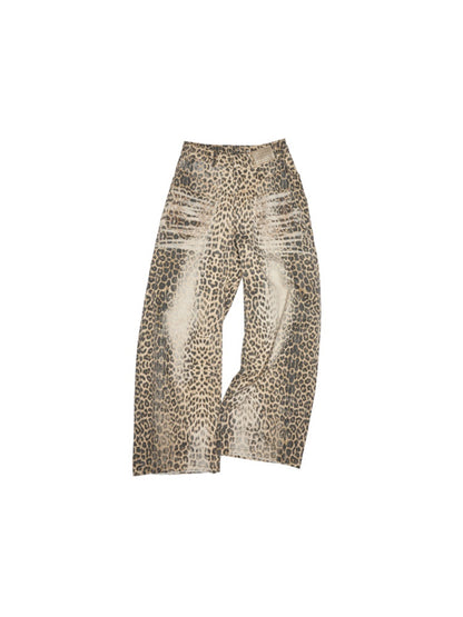 Washed Leopard Print Canvas Low-rise Wide-Leg Mop Pants【s0000012937】