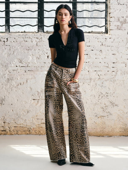 Washed Leopard Print Canvas Low-rise Wide-Leg Mop Pants【s0000012937】
