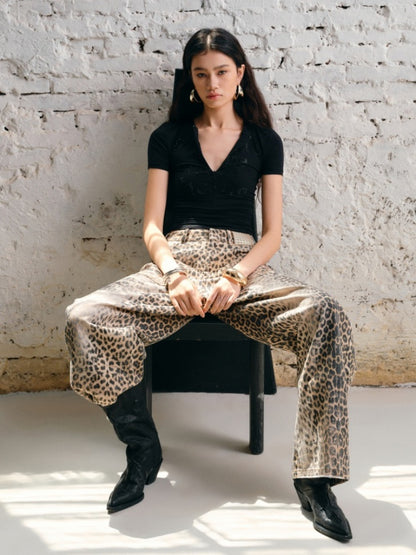 Washed Leopard Print Canvas Low-rise Wide-Leg Mop Pants【s0000012937】