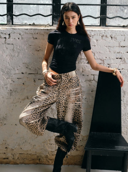 Washed Leopard Print Canvas Low-rise Wide-Leg Mop Pants【s0000012937】