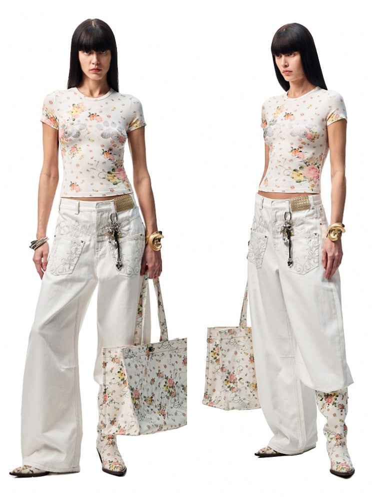 Floral Print Paw Print Rhinestone T-Shirt【s0000012893】