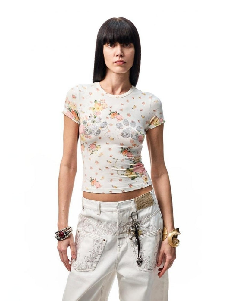 Floral Print Paw Print Rhinestone T-Shirt【s0000012893】