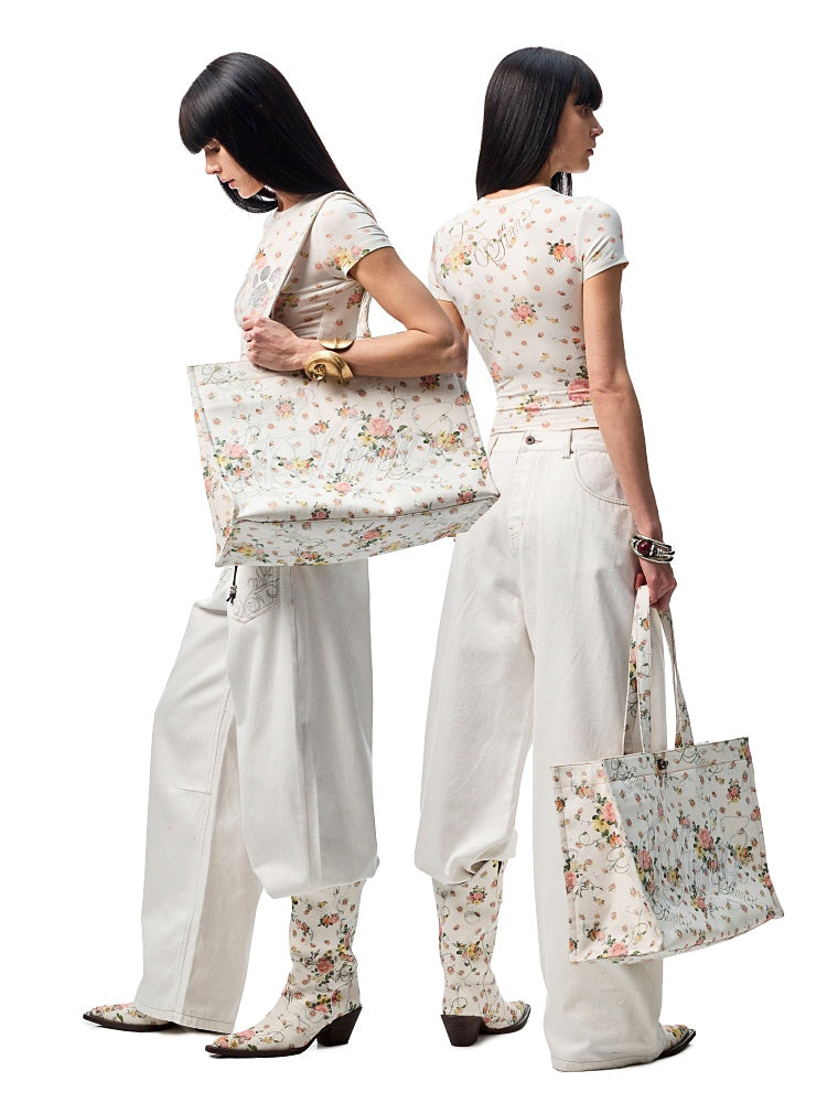 Floral Print Paw Print Rhinestone T-Shirt【s0000012893】