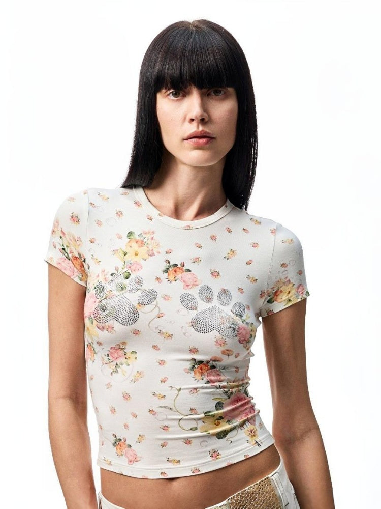 Floral Print Paw Print Rhinestone T-Shirt【s0000012893】