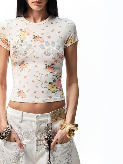 Floral Print Paw Print Rhinestone T-Shirt【s0000012893】