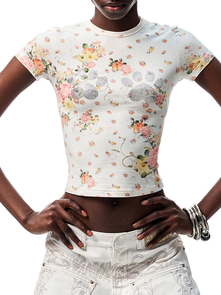 Floral Print Paw Print Rhinestone T-Shirt【s0000012893】