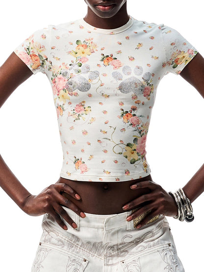 Floral Print Paw Print Rhinestone T-Shirt【s0000012893】