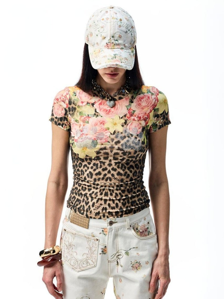 Floral Print Paw Print Rhinestone T-Shirt【s0000012893】