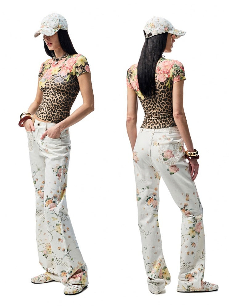 Floral Print Paw Print Rhinestone T-Shirt【s0000012893】