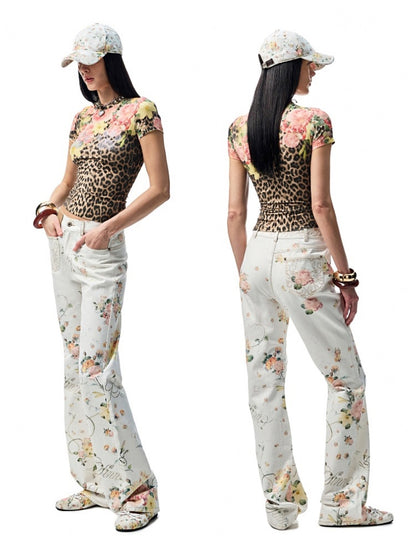 Floral Print Paw Print Rhinestone T-Shirt【s0000012893】