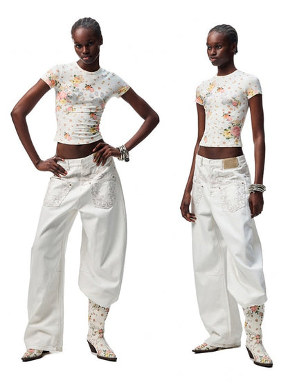 Floral Print Paw Print Rhinestone T-Shirt【s0000012893】