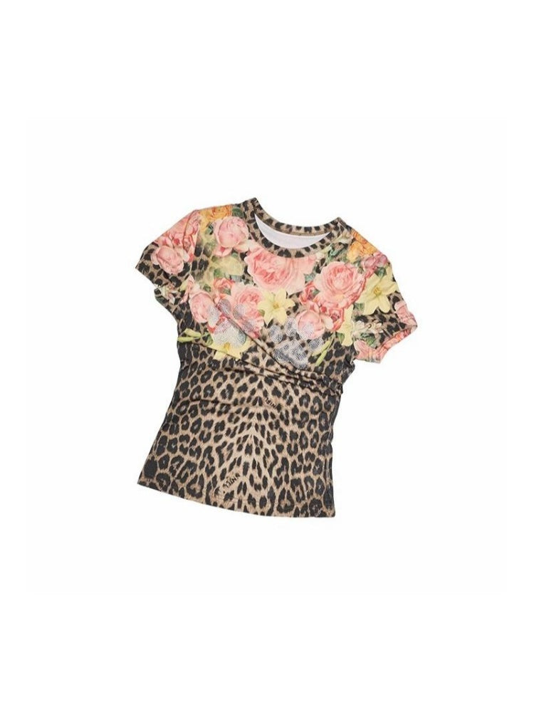 Floral Print Paw Print Rhinestone T-Shirt【s0000012893】