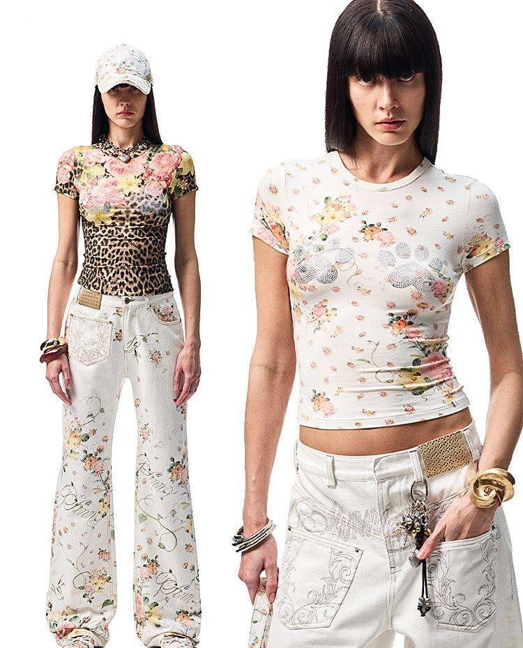 Floral Print Paw Print Rhinestone T-Shirt【s0000012893】