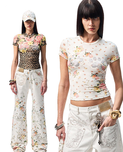 Floral Print Paw Print Rhinestone T-Shirt【s0000012893】