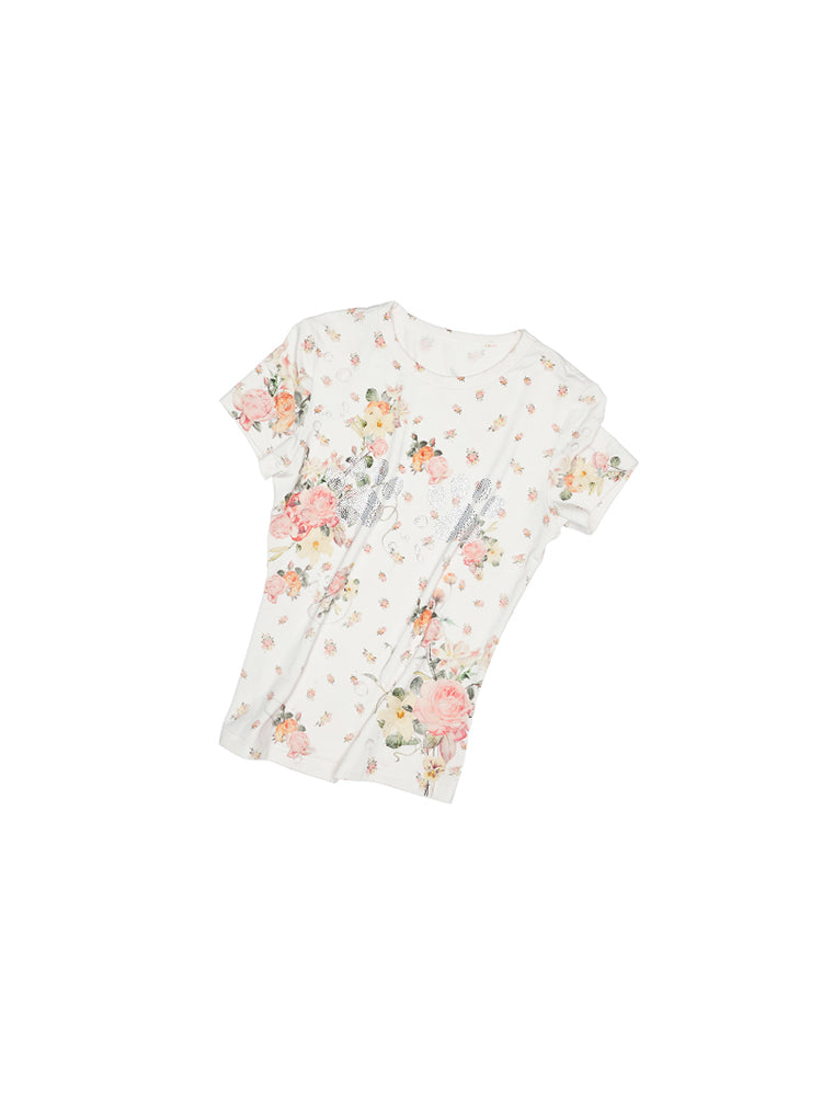 Floral Print Paw Print Rhinestone T-Shirt【s0000012893】