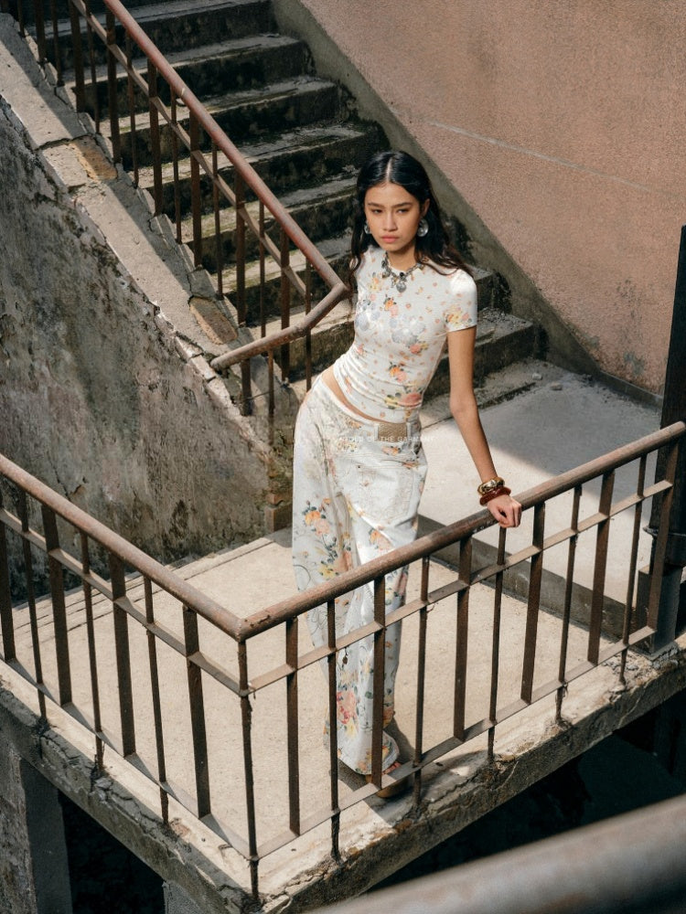 Floral Print Paw Print Rhinestone T-Shirt【s0000012893】