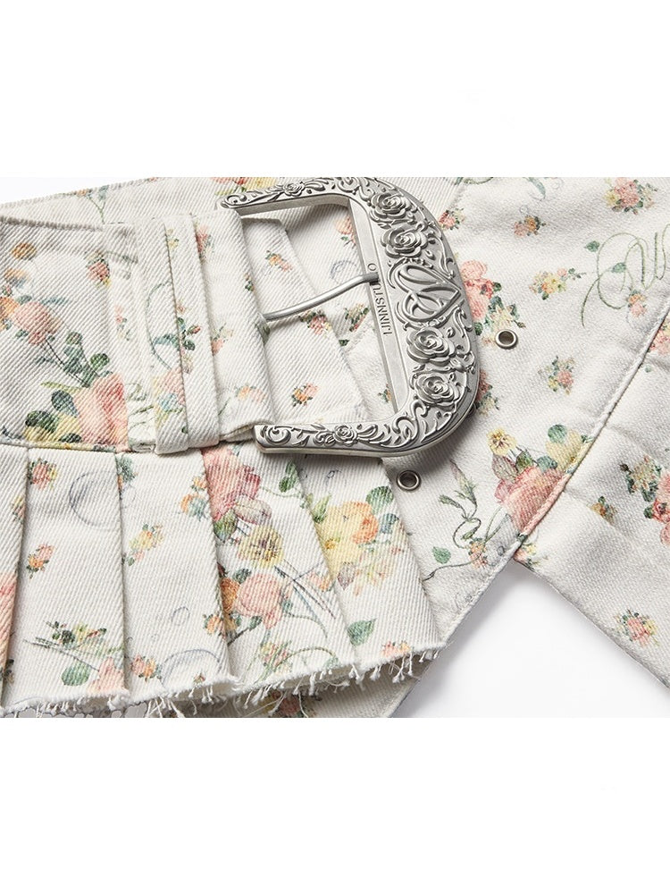 Floral Canvas Waistband Pleated Split Skirt【s0000012897】