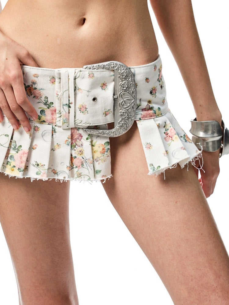 Floral Canvas Waistband Pleated Split Skirt【s0000012897】