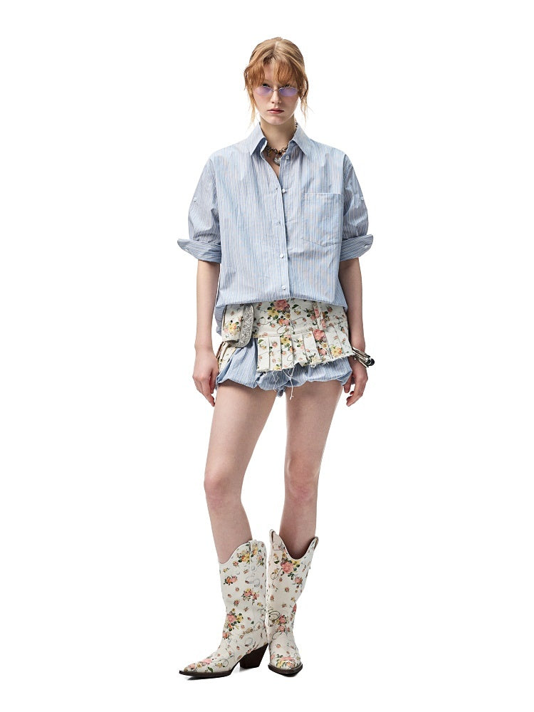 Floral Canvas Waistband Pleated Split Skirt【s0000012897】