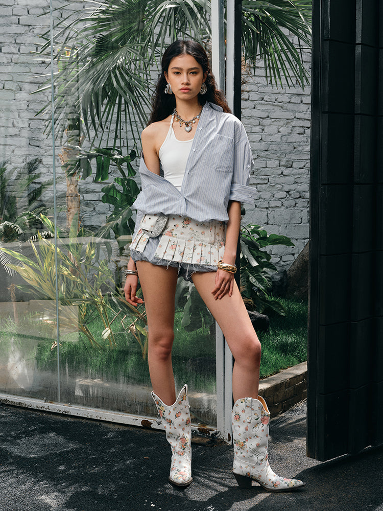 Floral Canvas Waistband Pleated Split Skirt【s0000012897】