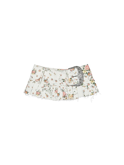 Floral Canvas Waistband Pleated Split Skirt【s0000012897】