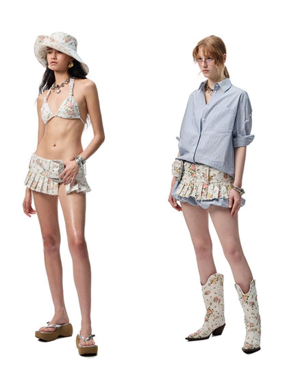 Floral Canvas Waistband Pleated Split Skirt【s0000012897】