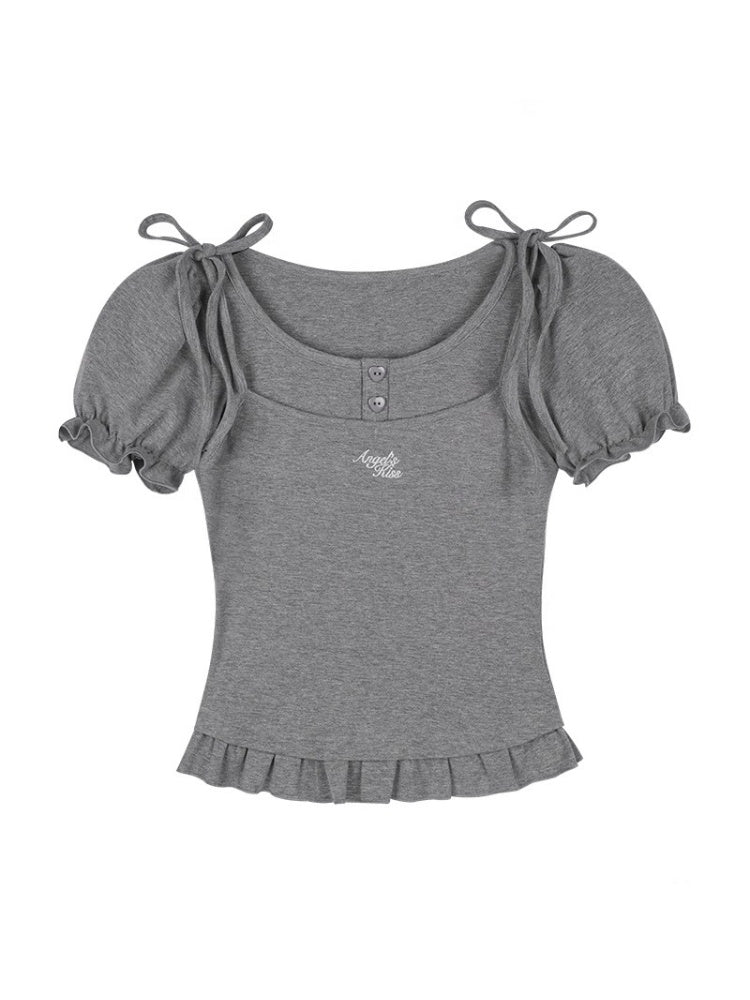 Sweet Pure Faux Two Piece Ribbon Puff Sleeve Tops【s0000012991】