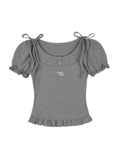 Sweet Pure Faux Two Piece Ribbon Puff Sleeve Tops【s0000012991】