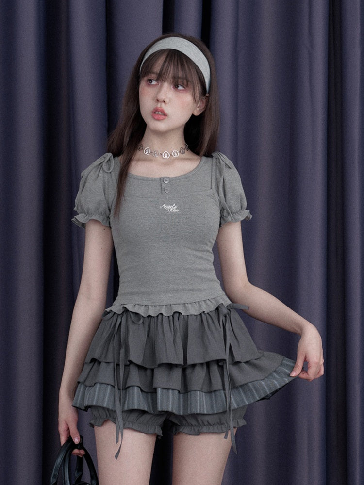 Sweet Pure Faux Two Piece Ribbon Puff Sleeve Tops【s0000012991】