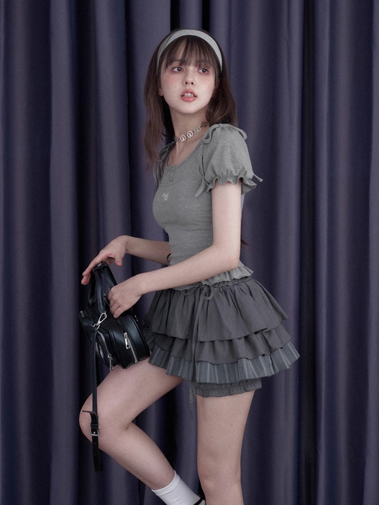 Sweet Pure Faux Two Piece Ribbon Puff Sleeve Tops【s0000012991】